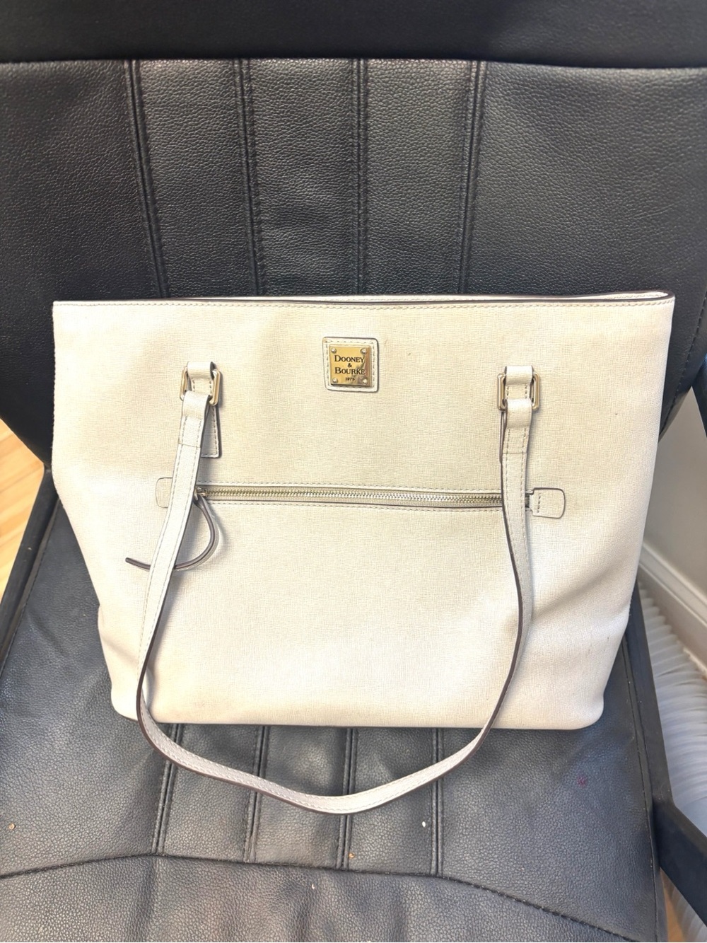 Dooney & Bourke Cream Patent Leather Tote with Gold Logo Hardware